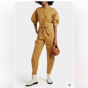 Ulla Johnson Sabra Print Denim Jumpsuit Belted Gathered Puff Sleeve / 0